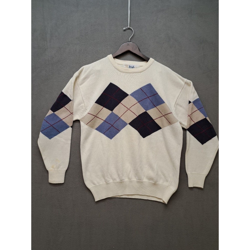 Vintage Pringle Scotland Mens Sweater L Argyle Color Block Golf Patch White Blue